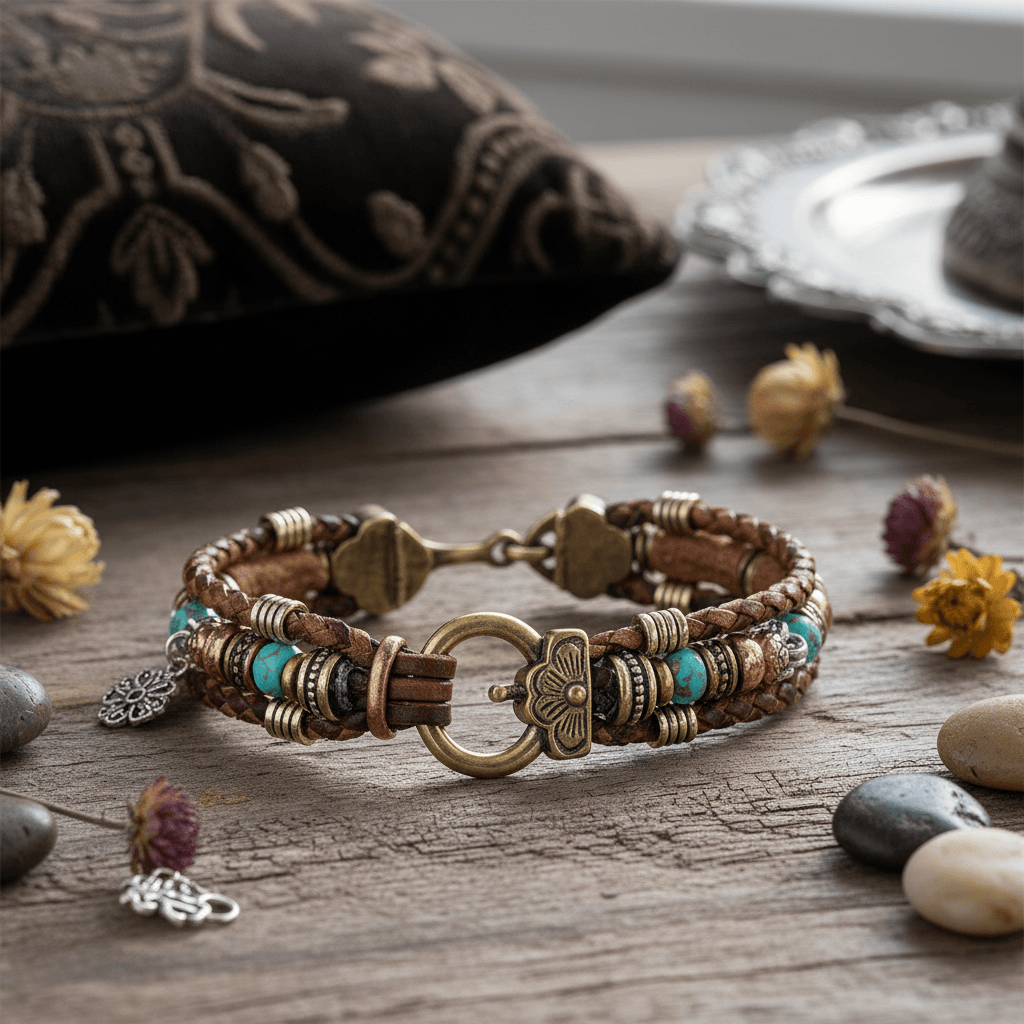 Bracelet cuir fait main style vintage
